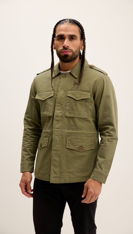 Cotton Fitted Utility Jacket - Khaki