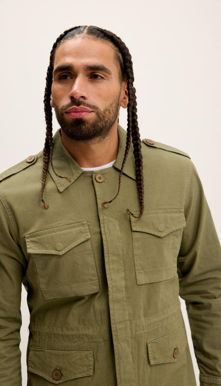 Cotton Fitted Utility Jacket - Khaki