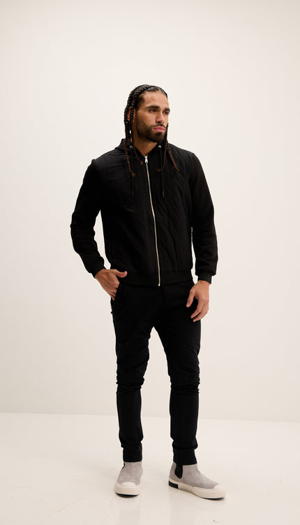 Mixed-Media Zippered Hooded Jacket - Black