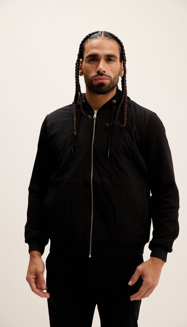 Mixed-Media Zippered Hooded Jacket - Black