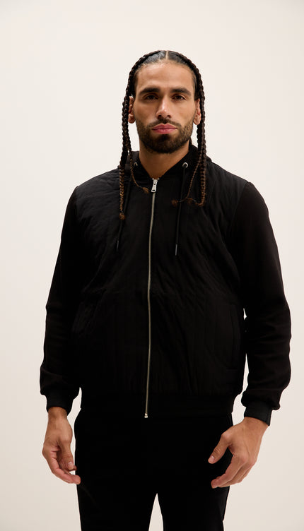 Mixed-Media Zippered Hooded Jacket - Black