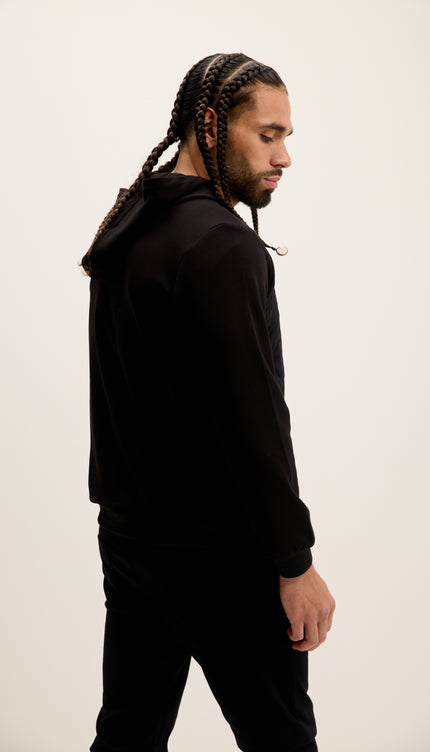 Mixed-Media Zippered Hooded Jacket - Black