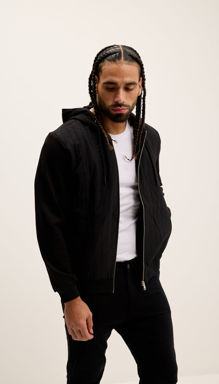 Mixed-Media Zippered Hooded Jacket - Black