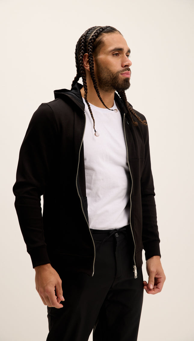 Hooded Double Zipper Jacket - Black