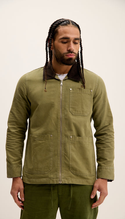Collared Cotton Canvas Jacket - Green