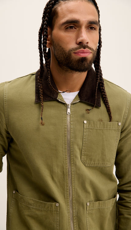 Collared Cotton Canvas Jacket - Green