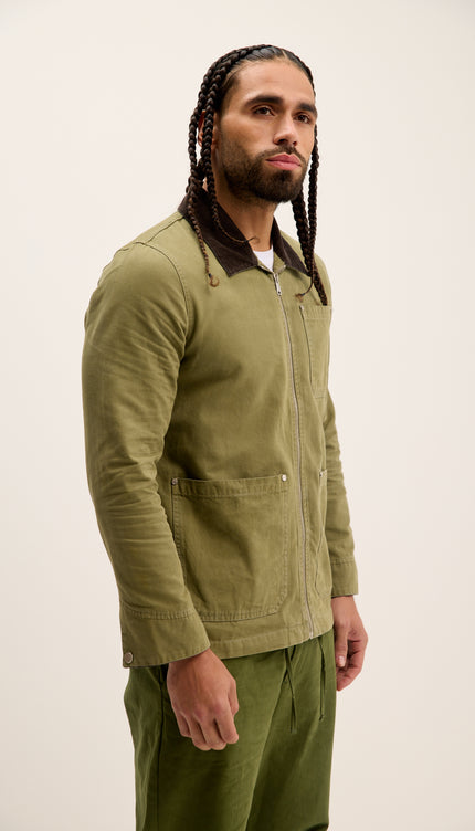 Collared Cotton Canvas Jacket - Green