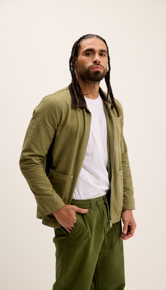 Collared Cotton Canvas Jacket - Green