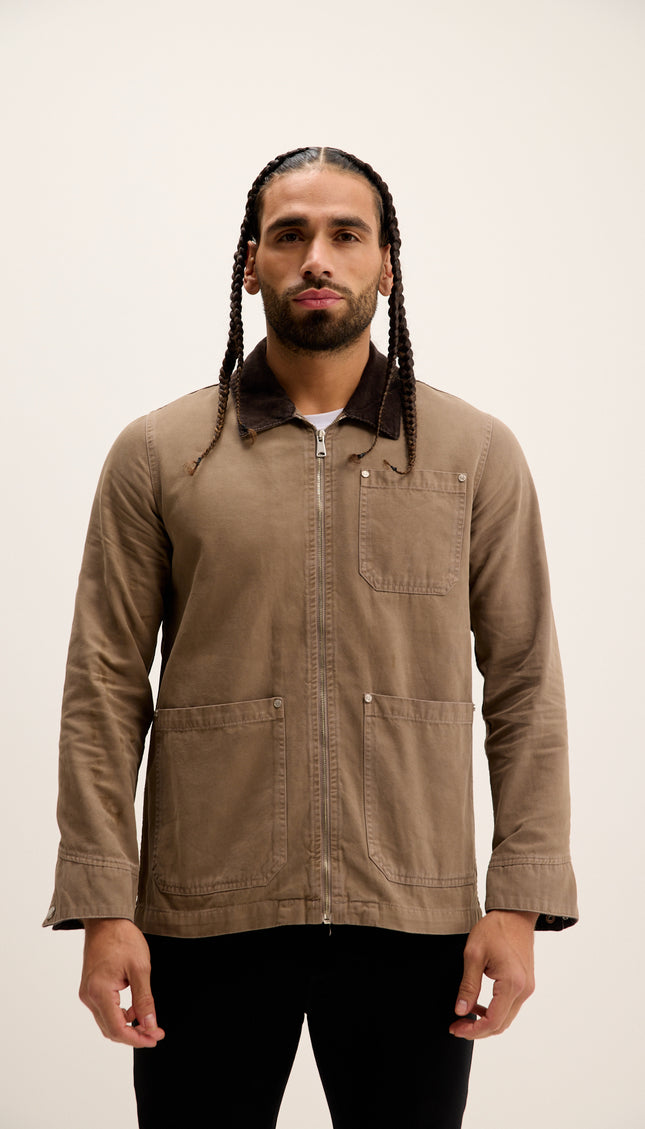 Collared Cotton Canvas Jacket - Khaki