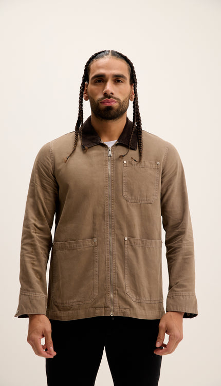 Collared Cotton Canvas Jacket - Khaki