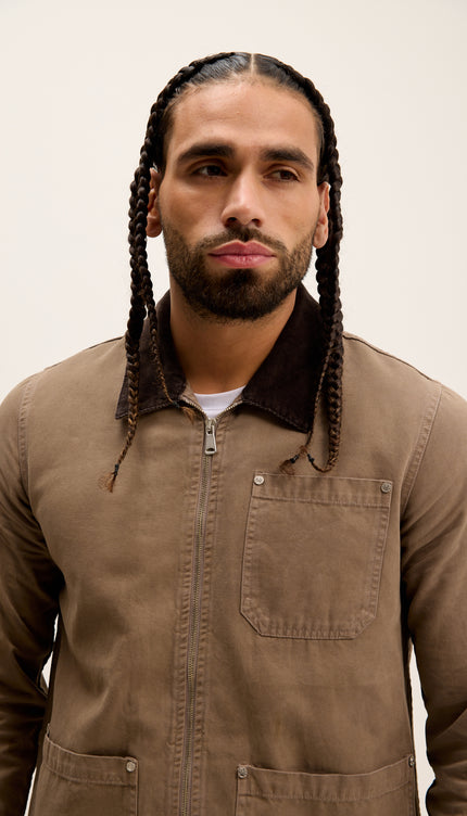 Collared Cotton Canvas Jacket - Khaki