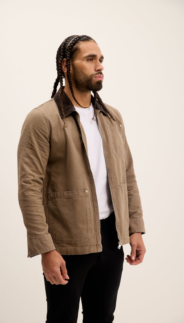 Collared Cotton Canvas Jacket - Khaki