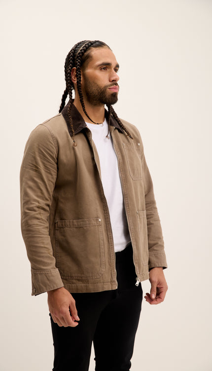 Collared Cotton Canvas Jacket - Khaki