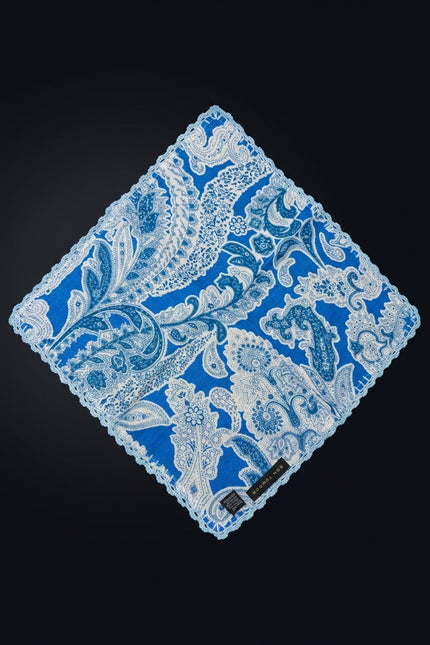 Linen Pocket Square - Blue Paisley - flat