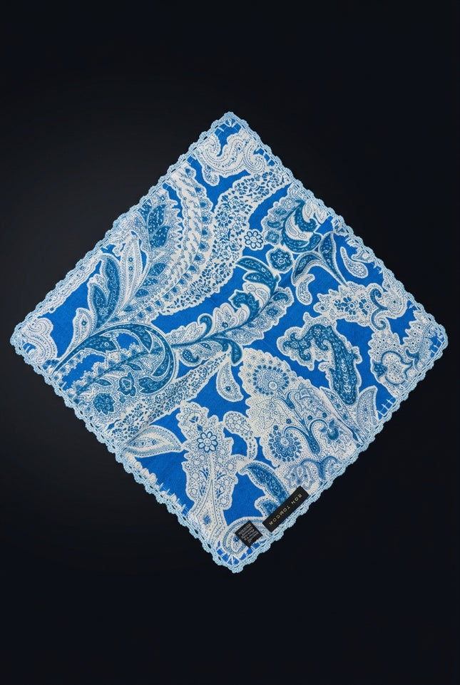 Linen Pocket Square - Blue Paisley - flat