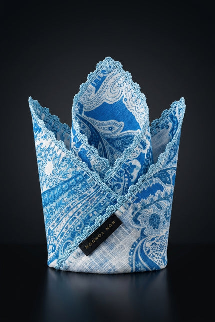 Linen Pocket Square - Blue Paisley - fold