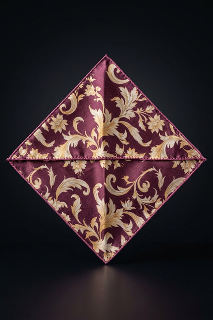 Silk Pocket Square - Burgundy Floral - flat
