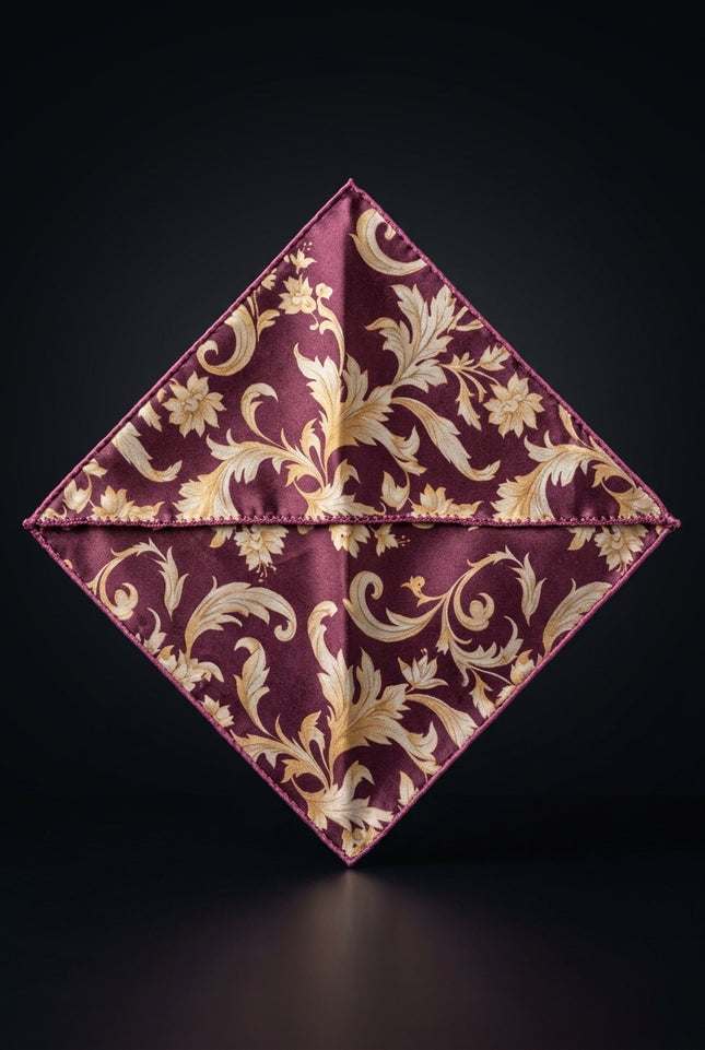 Silk Pocket Square - Burgundy Floral - flat