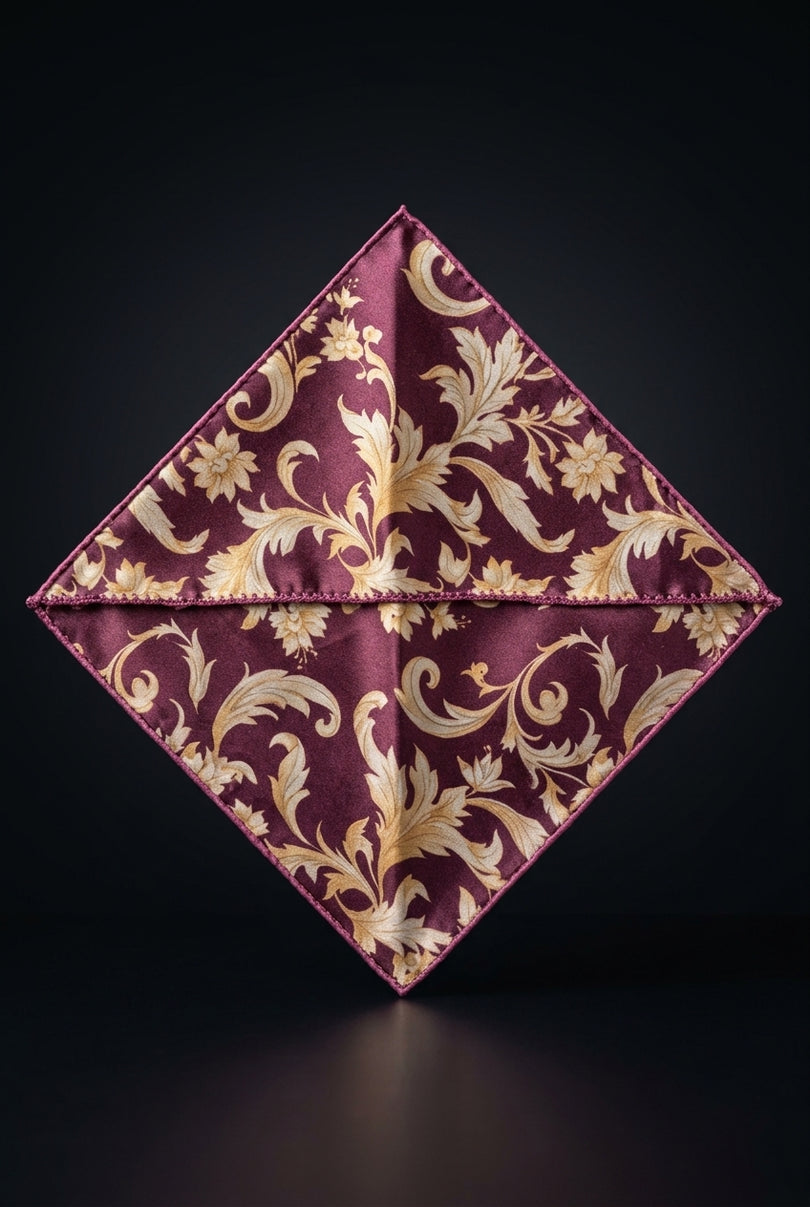 Silk Pocket Square - Burgundy Floral - flat