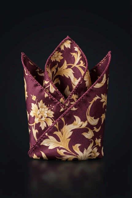 Silk Pocket Square - Burgundy Floral - fold