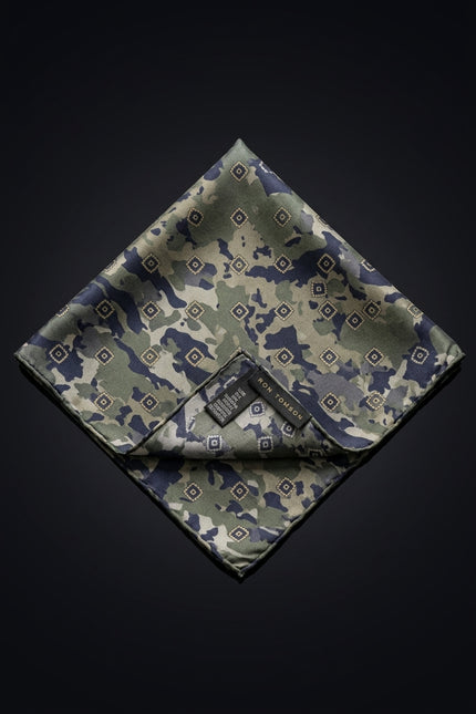 Silk Pocket Square - Green Geometric - flat
