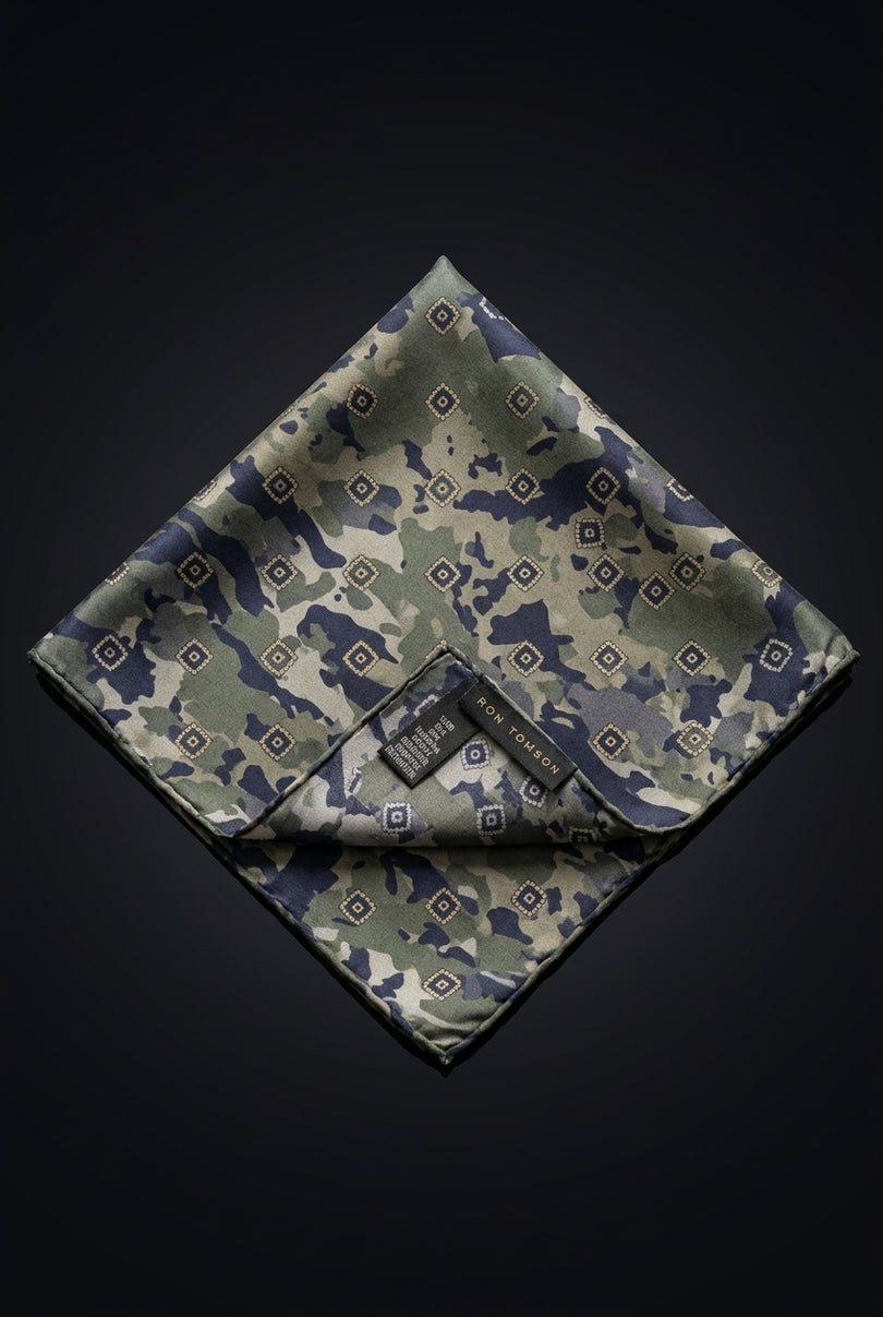 Silk Pocket Square - Green Geometric - flat
