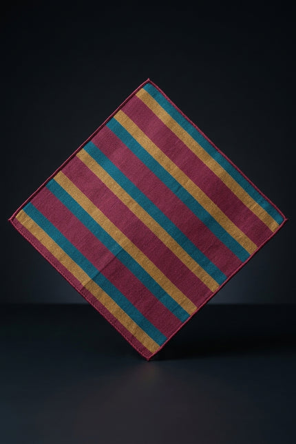 Silk Pocket Square - Maroon, Gold, Teal Stripes rectangular with horizontal stripes - flat