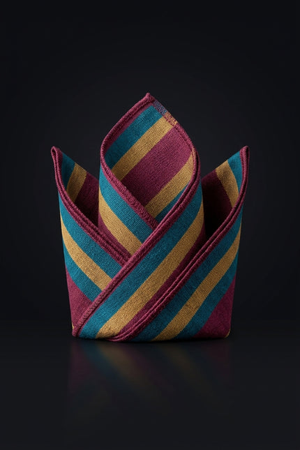 Silk Pocket Square - Maroon, Gold, Teal Stripes rectangular with horizontal stripes - fold