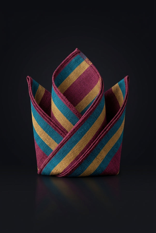 Silk Pocket Square - Maroon, Gold, Teal Stripes rectangular with horizontal stripes - fold