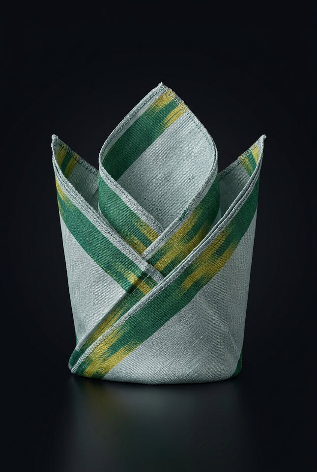 Silk Pocket Square - Green Yellow Blue square striped - fold