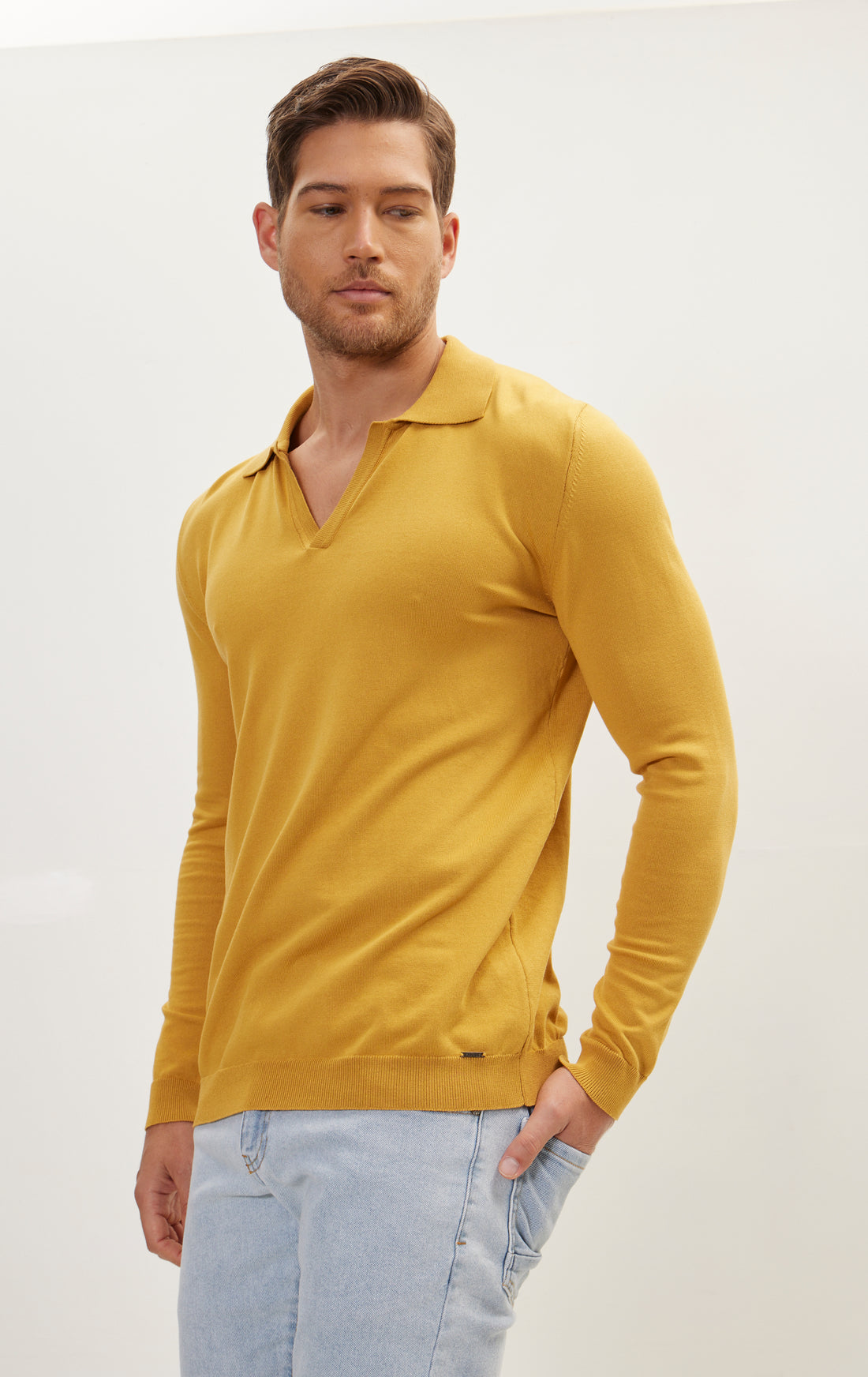 Johnny-Collar Sweater Polo - Mustard