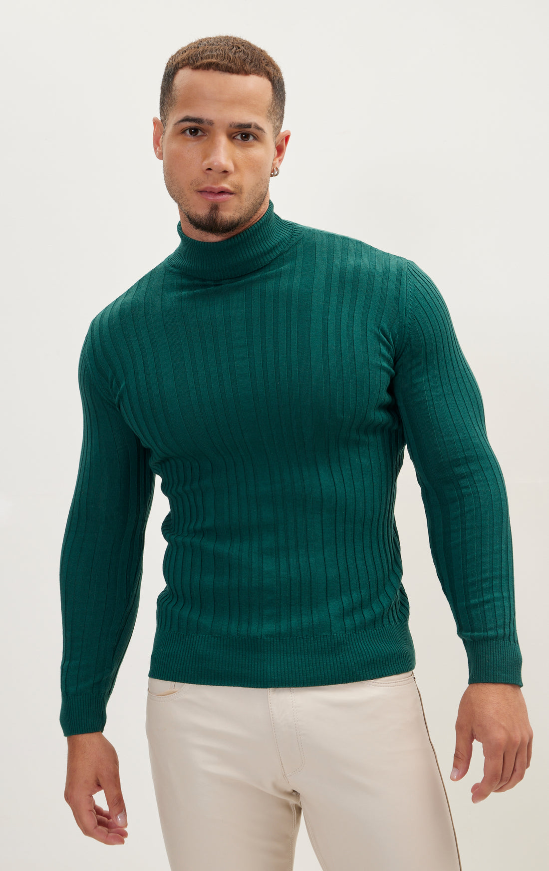 Roll Neck Ribbed Sweater - Green