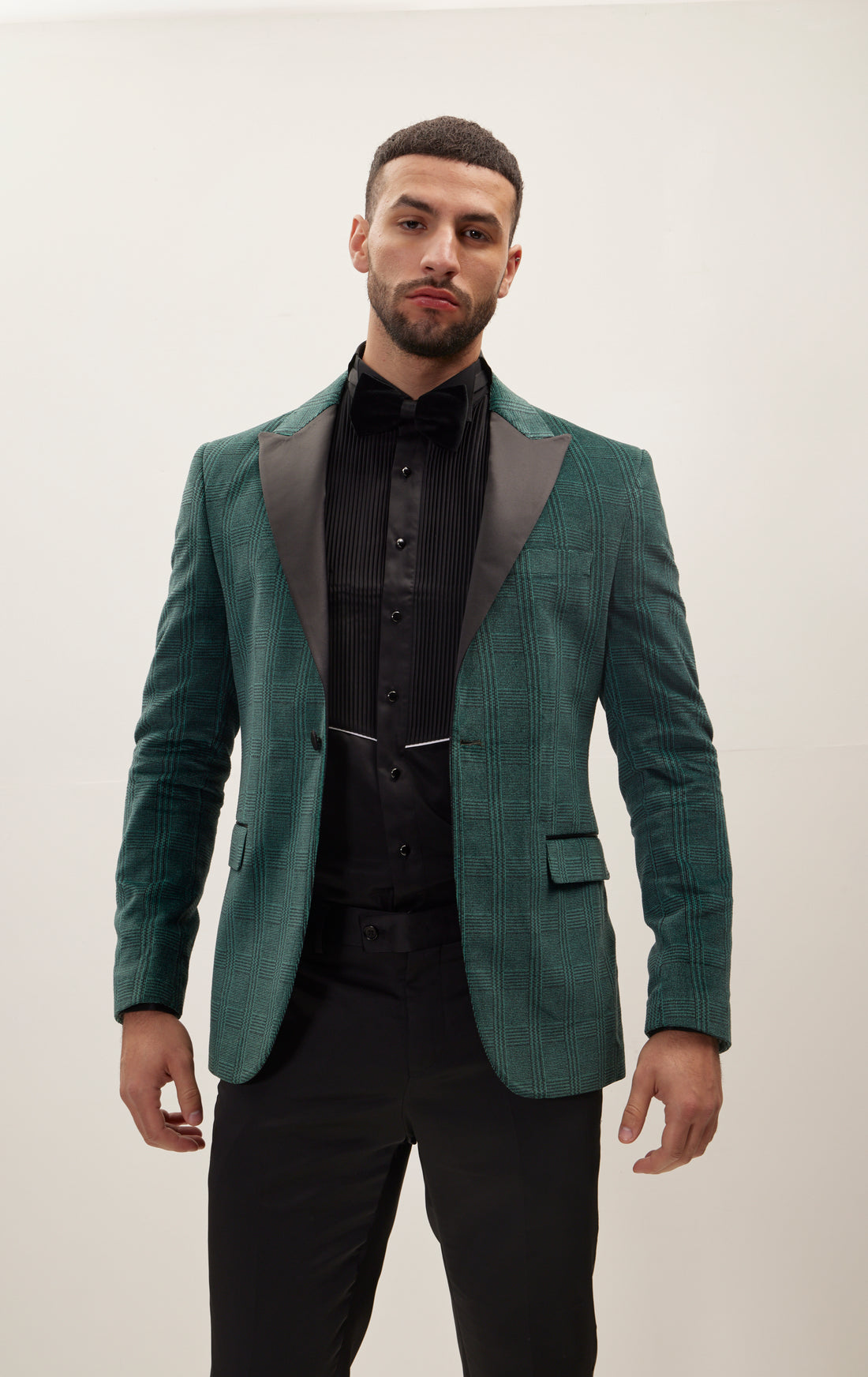 Prince Of Wales Peak Lapel Velvet Tuxedo Jacket - Green