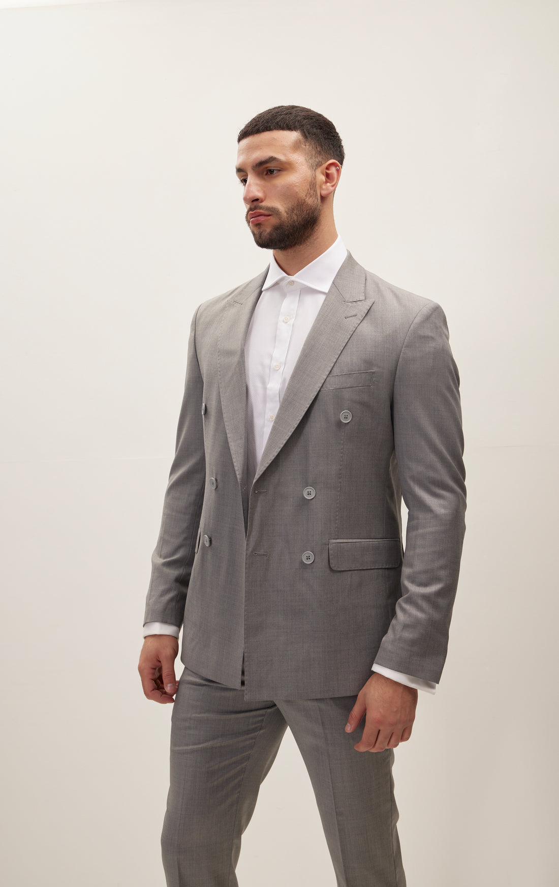 Super 120S Merino Wool Double Breasted Suit - Grey