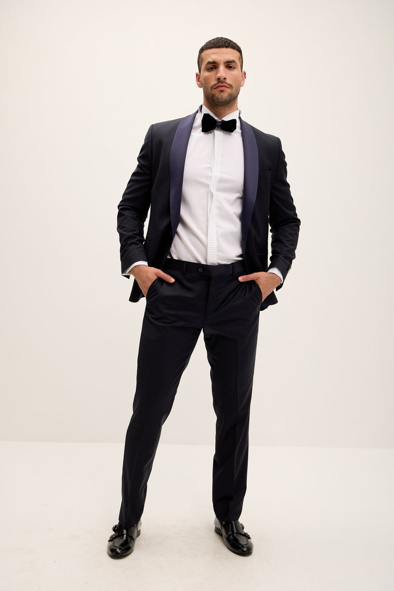Men's Shawl Lapel Wool Tuxedo - Dark Navy | Ron Tomson