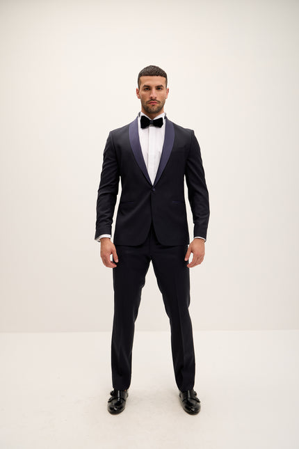 Men's Shawl Lapel Wool Tuxedo - Dark Navy | Ron Tomson