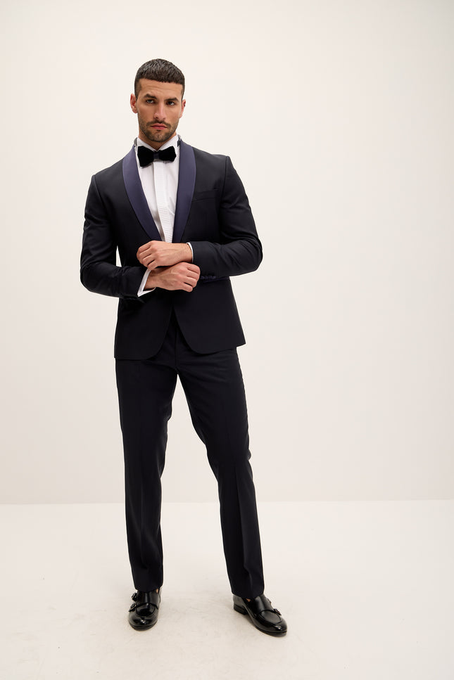 Men's Shawl Lapel Wool Tuxedo - Dark Navy | Ron Tomson