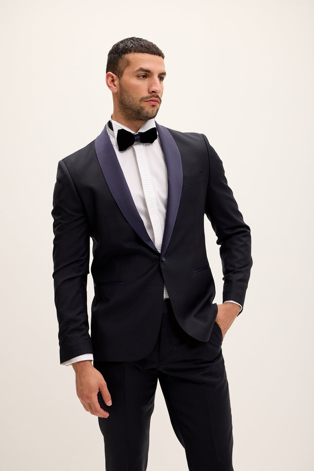 Men's Shawl Lapel Wool Tuxedo - Dark Navy | Ron Tomson