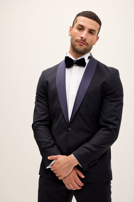 Men's Shawl Lapel Wool Tuxedo - Dark Navy | Ron Tomson