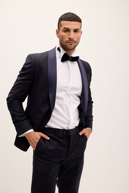 Men's Shawl Lapel Wool Tuxedo - Dark Navy | Ron Tomson