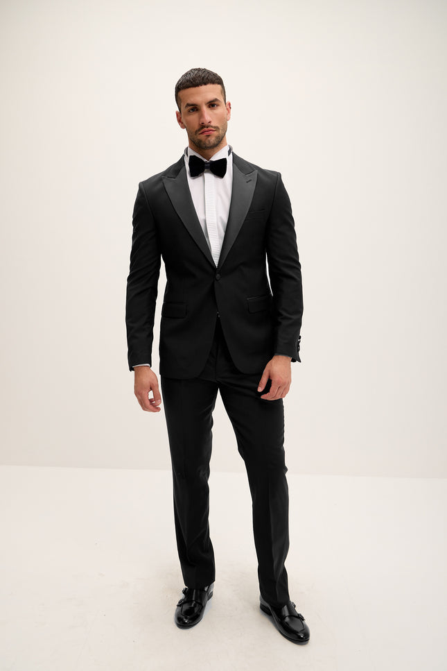 Men's Peak Lapel Wool Tuxedo - Black | Ron Tomson