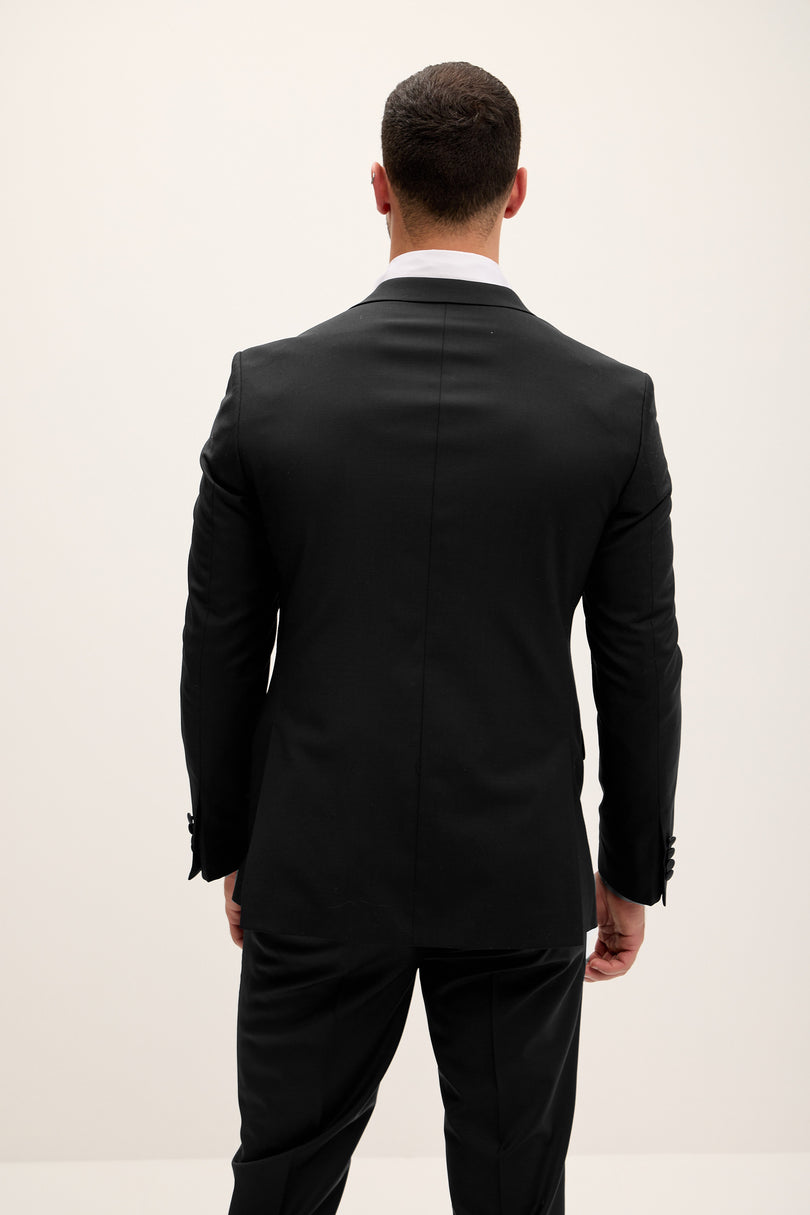 Men's Peak Lapel Wool Tuxedo - Black | Ron Tomson