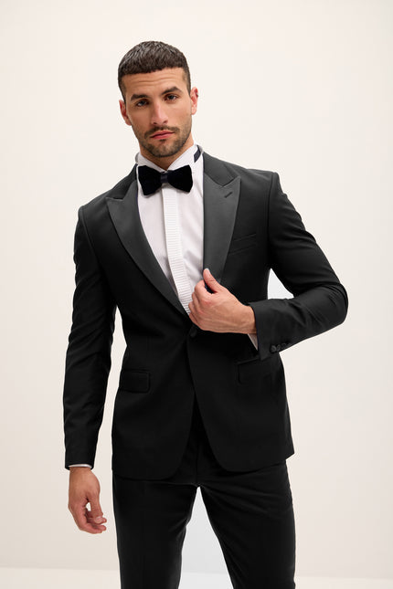 Men's Peak Lapel Wool Tuxedo - Black | Ron Tomson