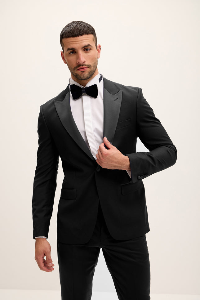 Men's Peak Lapel Wool Tuxedo - Black | Ron Tomson