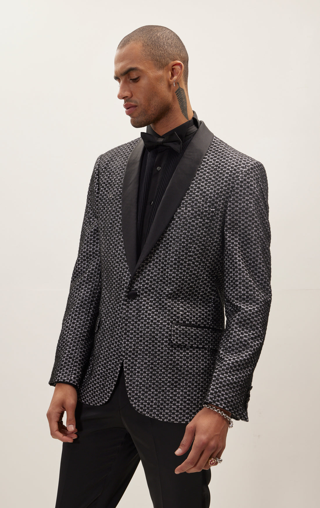 Checkered Lace Weave Shawl Lapel Tuxedo Jacket - Black White