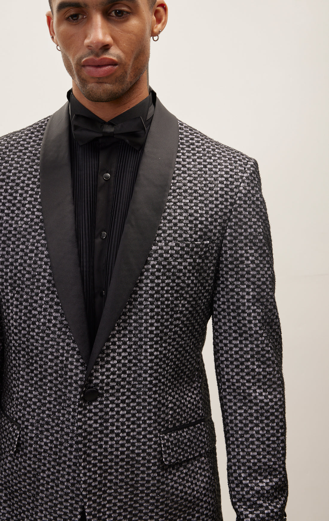 Checkered Lace Weave Shawl Lapel Tuxedo Jacket - Black White