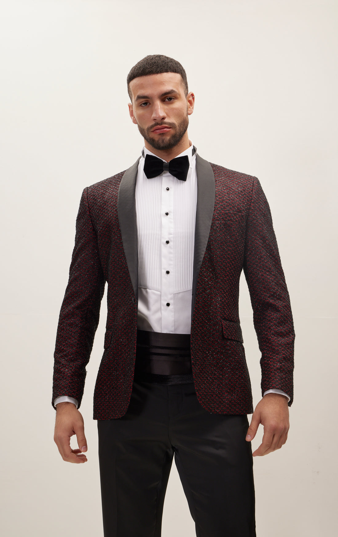 Checkered Lace Weave Shawl Lapel Tuxedo Jacket -  Burgundy Tuxedo