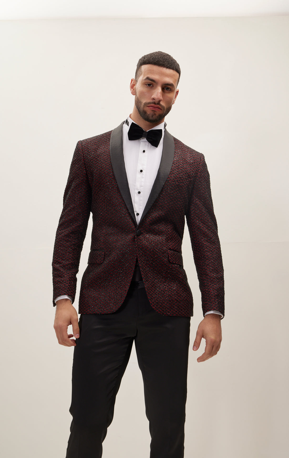 Checkered Lace Weave Shawl Lapel Tuxedo Jacket -  Burgundy Tuxedo