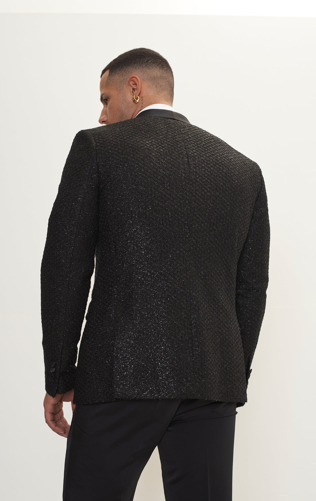 Metallic Honeycomb Weave Shawl Lapel Tuxedo Jacket - Silver Black