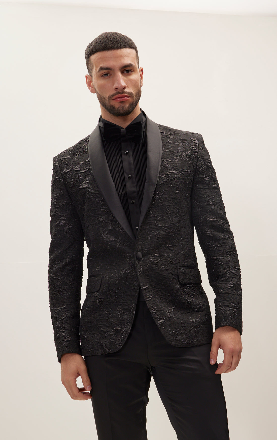 Embroidered Quilt Patterns Shawl Lapel Tuxedo Jacket - Black Silver